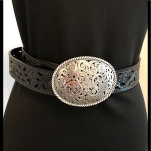 Western Black Leather Belt w/ Silver Plated Buckle